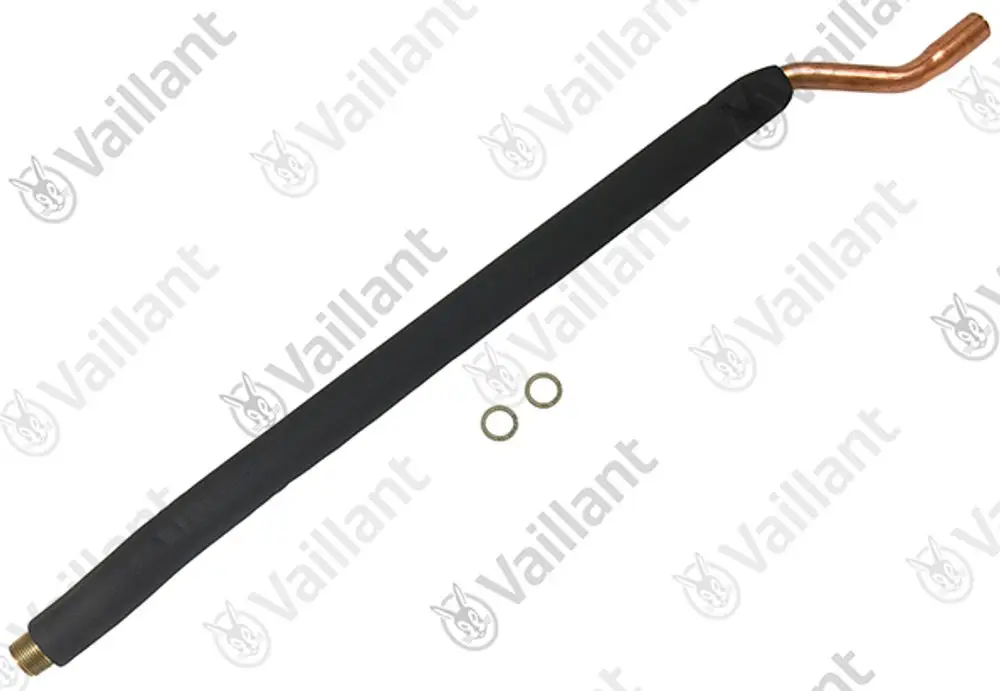Kupferrohr mit schwarzer Isolierung und zwei Unterlegscheiben, Produkt der Marke Vaillant, für den Einsatz in Heizungs- oder Sanitäranlagen.